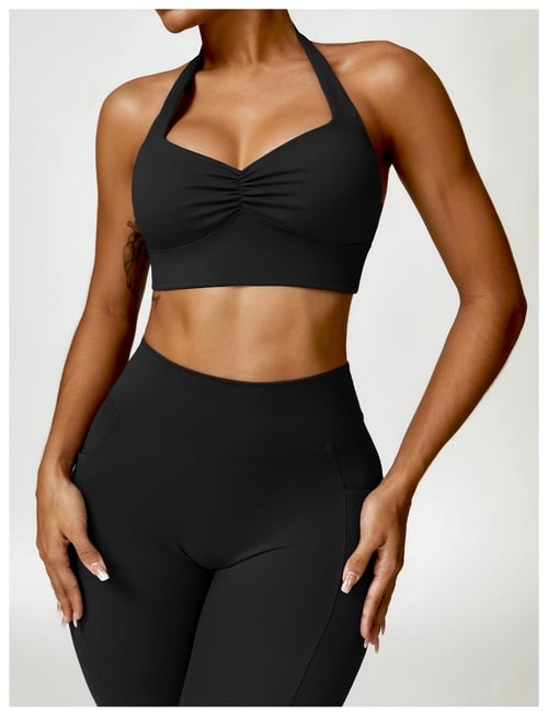 BREEHER Shirring Halter Neck Backless Quick Drying Sports Bras