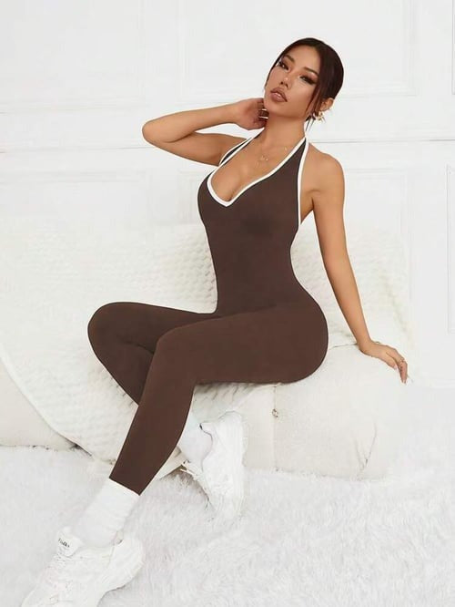 Contrast Color Hollow Out Ribbed Scrunch Bum Jumpsuit