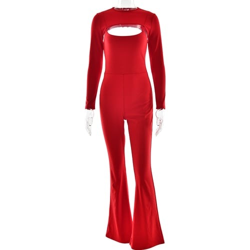 Sexy Hollow Round Neck Long Ssleeve Backless Jumpsuit Suits