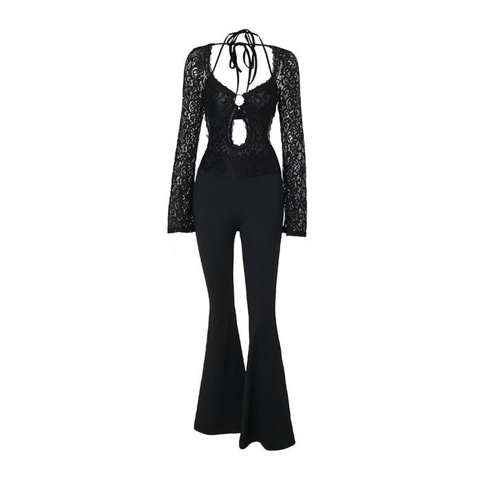 Sexy Lace Hollow Long Sleeve Hip Lift Flares Jumpsuit
