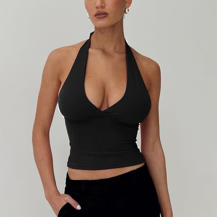 Sexy Deep V-neck Halter Neck Solid Color Cropped Top