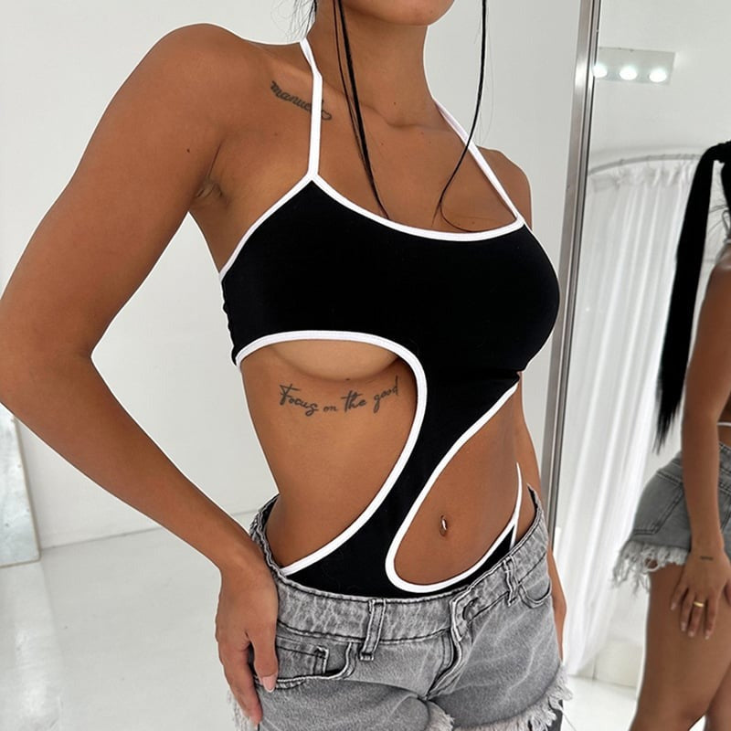 Contrast Panel Lace-Up Halter Bodysuit