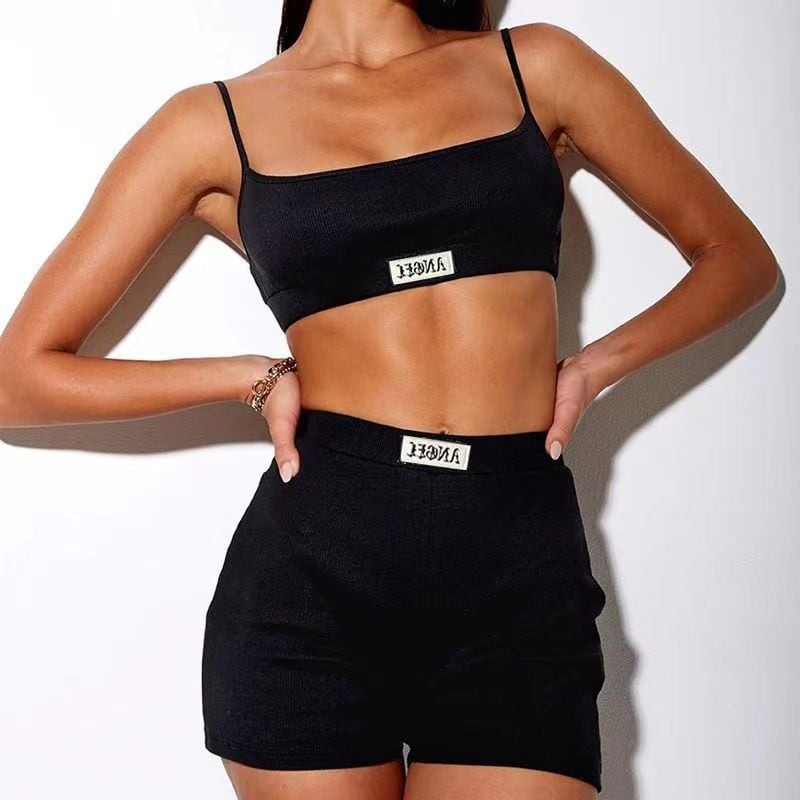 Ribbed Lettering Embroidered Tank Top & Shorts Yoga Set