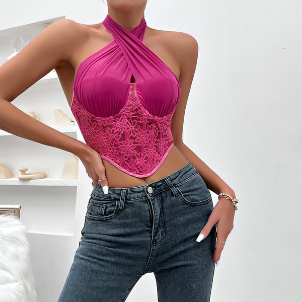 Sexy Lace Splice Halter Neck Tops