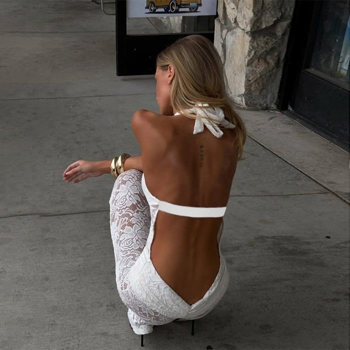 Sexy Lace Hollow Halter Neck Backless Jumpsuit