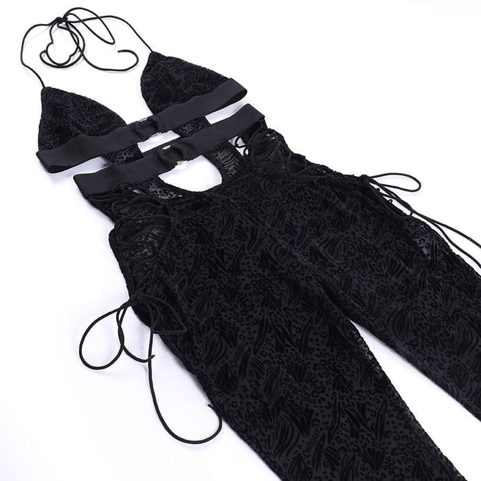 Sexy Lace Hollow Halterneck Hip Lift Jumpsuit
