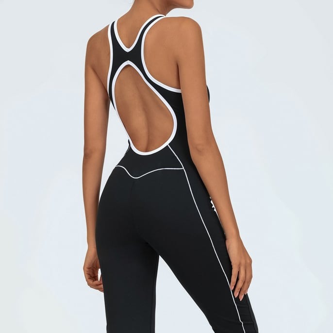 Backless Colorblock Nude Sports Fitness One-Piece Flared Jumpsuit with Chest Pad