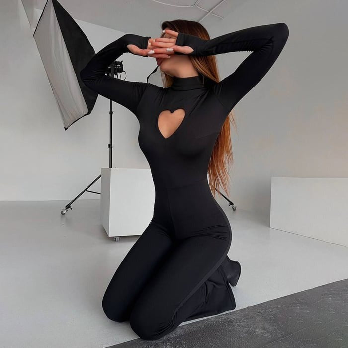 Sexy Heart Hollow Half Turtleneck Flared Jumpsuit
