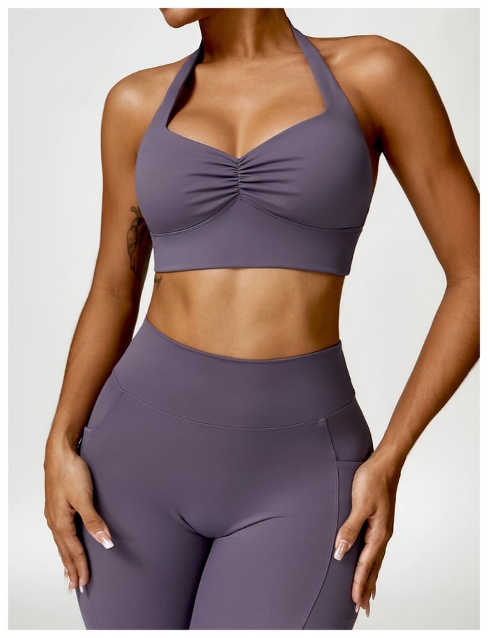 BREEHER Shirring Halter Neck Backless Quick Drying Sports Bras