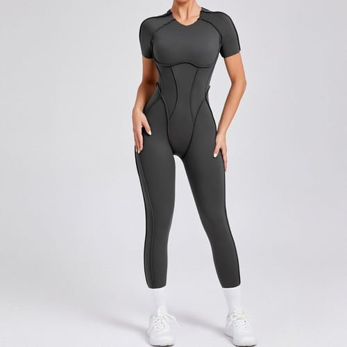 Reverse Line Sexy Backless Solid Color Short Sleeve Tight Jumpsuit