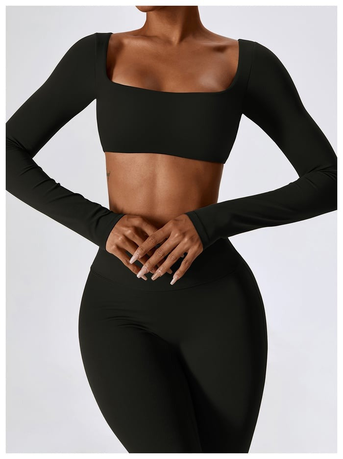 BREEHER Crop Top Long Sleeves Hip Lifting Two Piece Set Sports Suits
