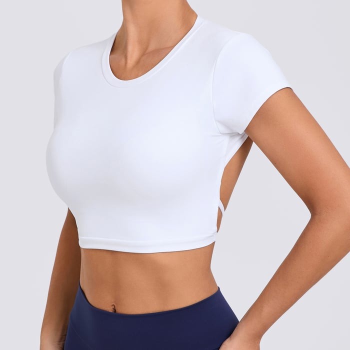 Backless Cross Strap Yoga Short Sleeve Top With Chest Pads