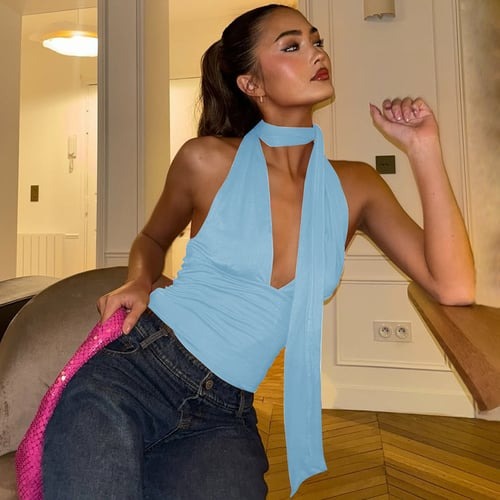 Sexy Neck Tie Low Cut Back Hollow Strap Top