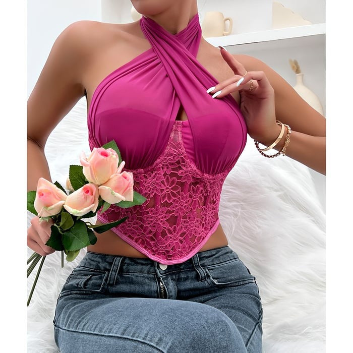 Sexy Lace Splice Halter Neck Tops