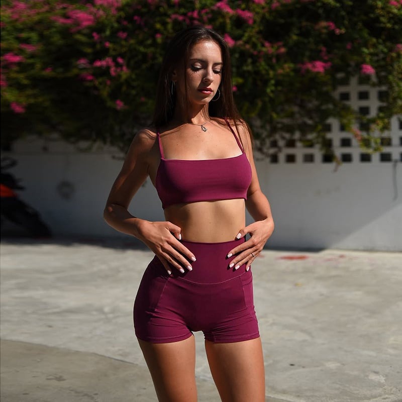 Solid Color Suspender Top High Waist Shorts Yoga Set