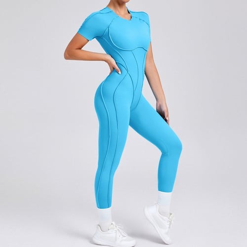 Reverse Line Sexy Backless Solid Color Short Sleeve Tight Jumpsuit
