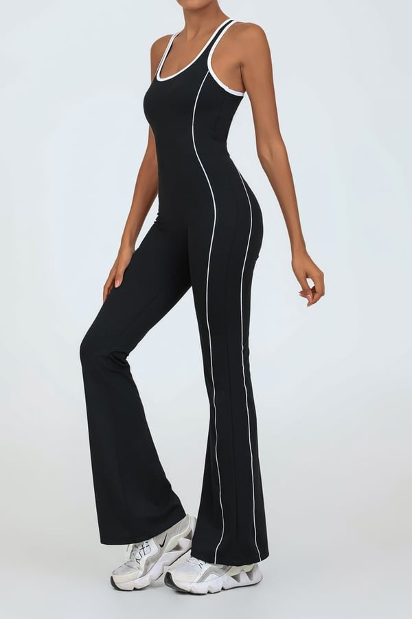 Backless Colorblock Nude Sports Fitness One-Piece Flared Jumpsuit with Chest Pad