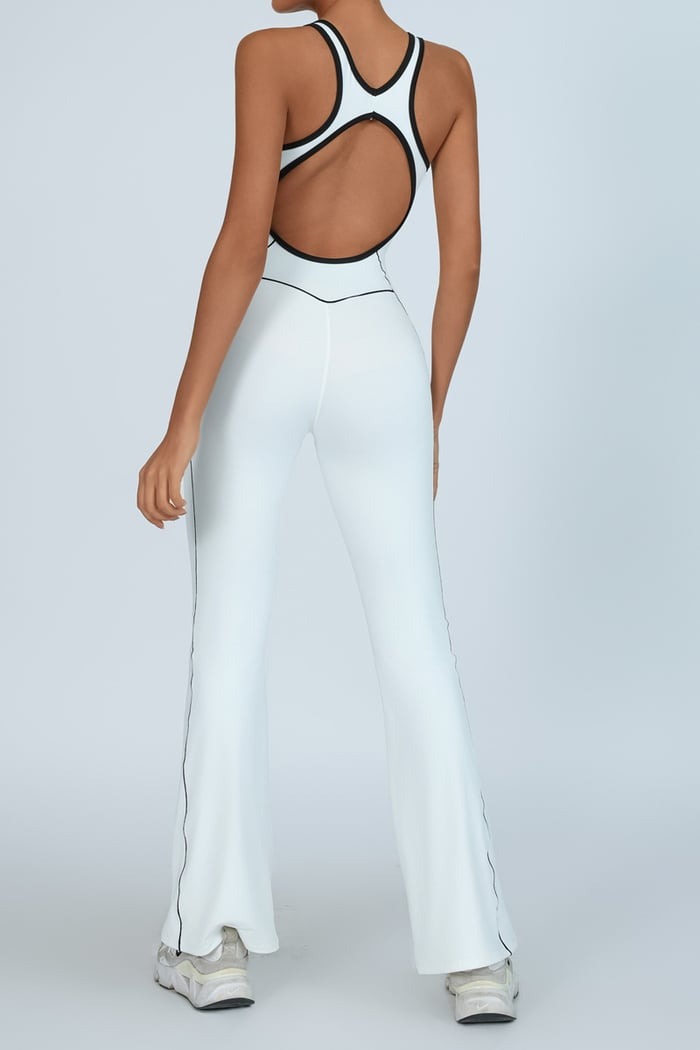 Backless Colorblock Nude Sports Fitness One-Piece Flared Jumpsuit with Chest Pad