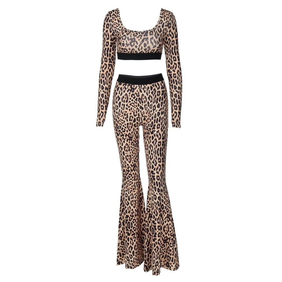 Leopard Print Square Neck Long-sleeved Crop Top & Flared Leggings Two-pieces Suit