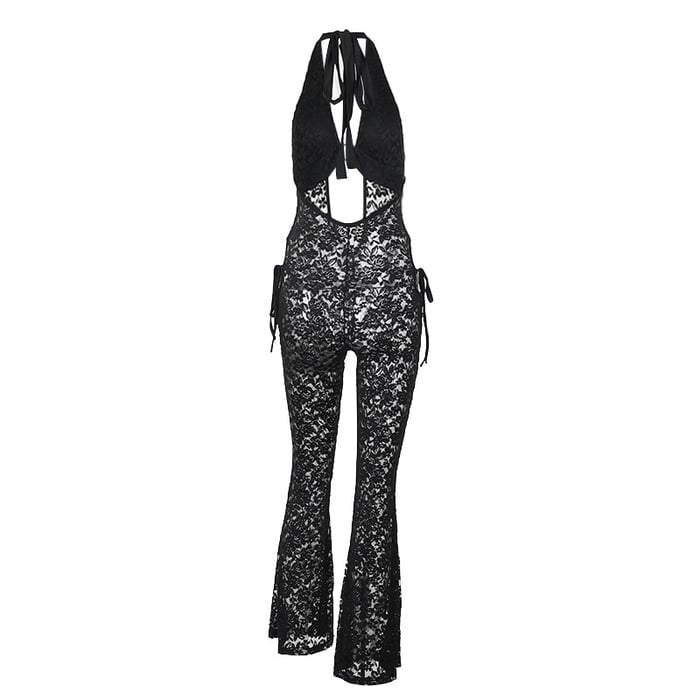 Sexy Lace Halter Neck Metal Ring Jumpsuit