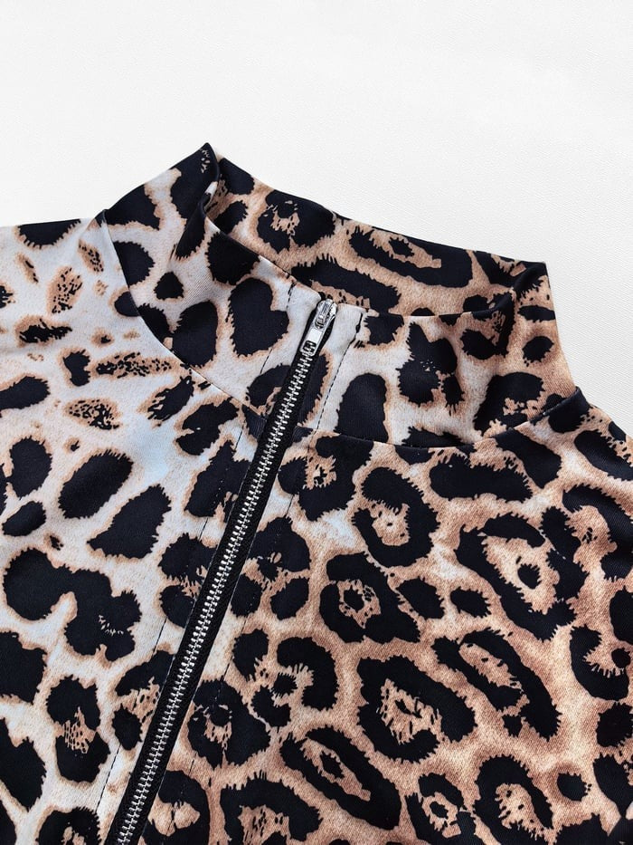 Sexy Leopard Printed Zipper Tight Jumpsuit