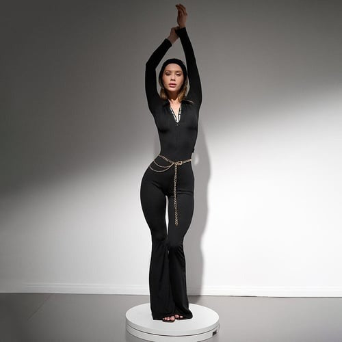 Sexy Lapel Front Zipper Flares Jumpsuit