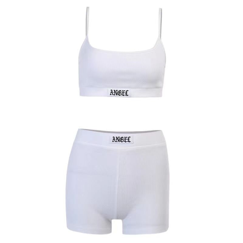 Ribbed Lettering Embroidered Tank Top & Shorts Yoga Set