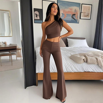 Irregular Solid Color Cropped Top Flared Leggings Sets