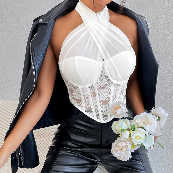 Sexy Lace Splice Halter Neck Tops