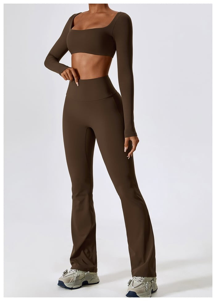BREEHER Crop Top Long Sleeves Hip Lifting Two Piece Set Sports Suits