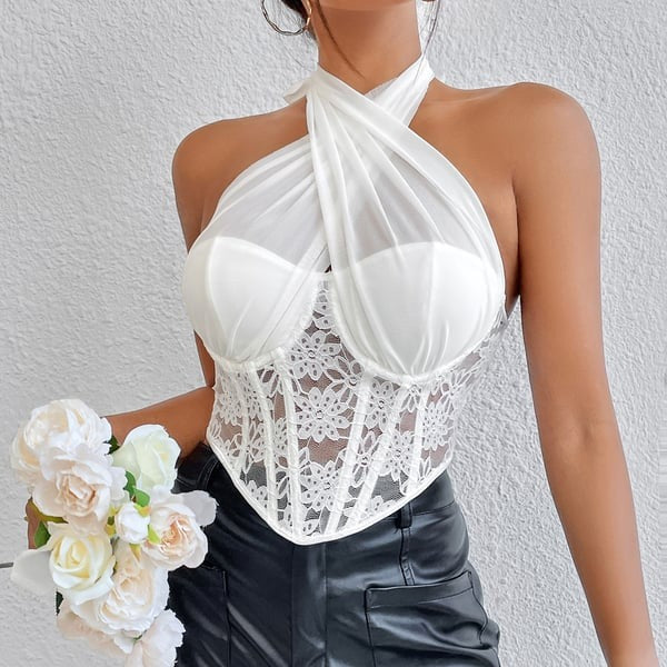 Sexy Lace Splice Halter Neck Tops