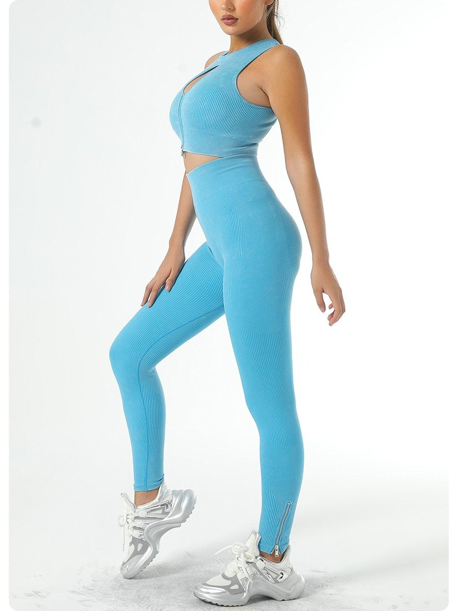 Zipper Ribbed Sports Gym Seamless Yoga Hip-Lifting Yoga Leggings