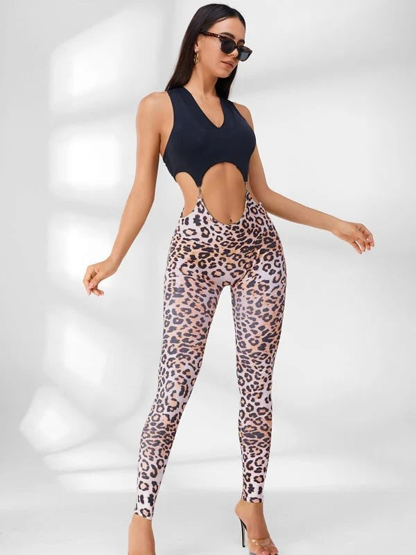 Female Leopard V Collar Hollow Out Jumpsuit