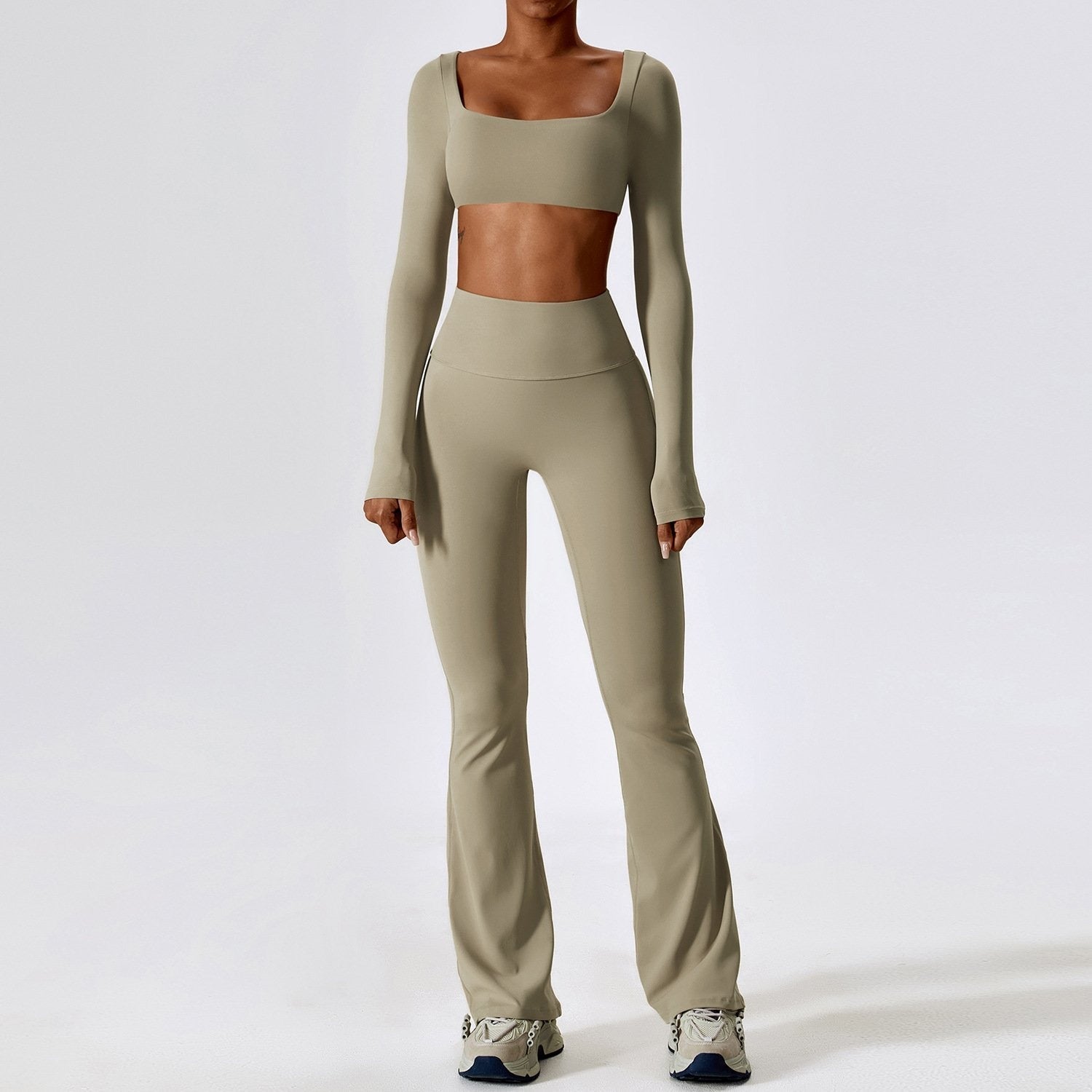 BREEHER Crop Top Long Sleeves Hip Lifting Two Piece Set Sports Suits