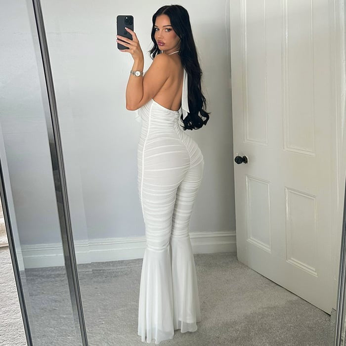 Halter Backless Deep V Ruffled Lace-up Flared Jumpsuit
