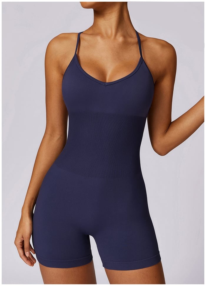 BREEHER Cross Straps Ribbed Highly Elastic Shorts Jumpsuit