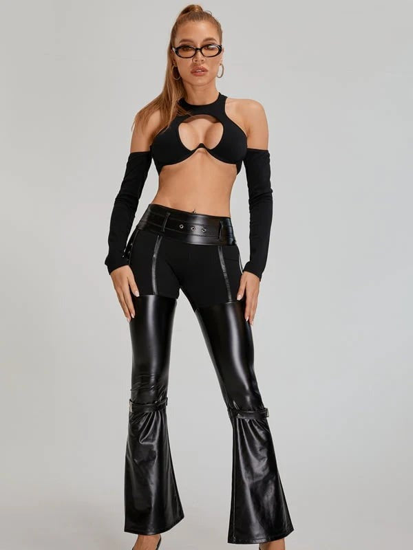 Female Faux Leather Metal Buttons Hip-lift Flare Leggings