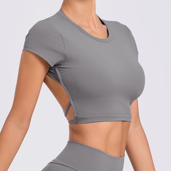 Backless Cross Strap Yoga Short Sleeve Top With Chest Pads