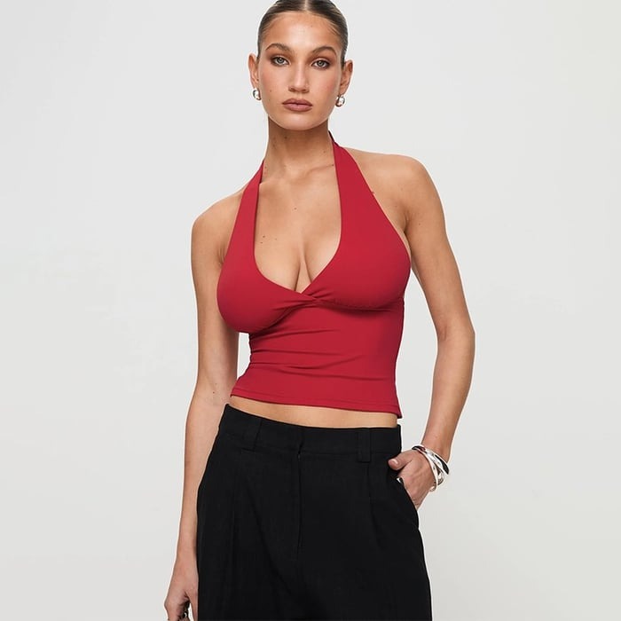 Sexy Deep V-neck Halter Neck Solid Color Cropped Top