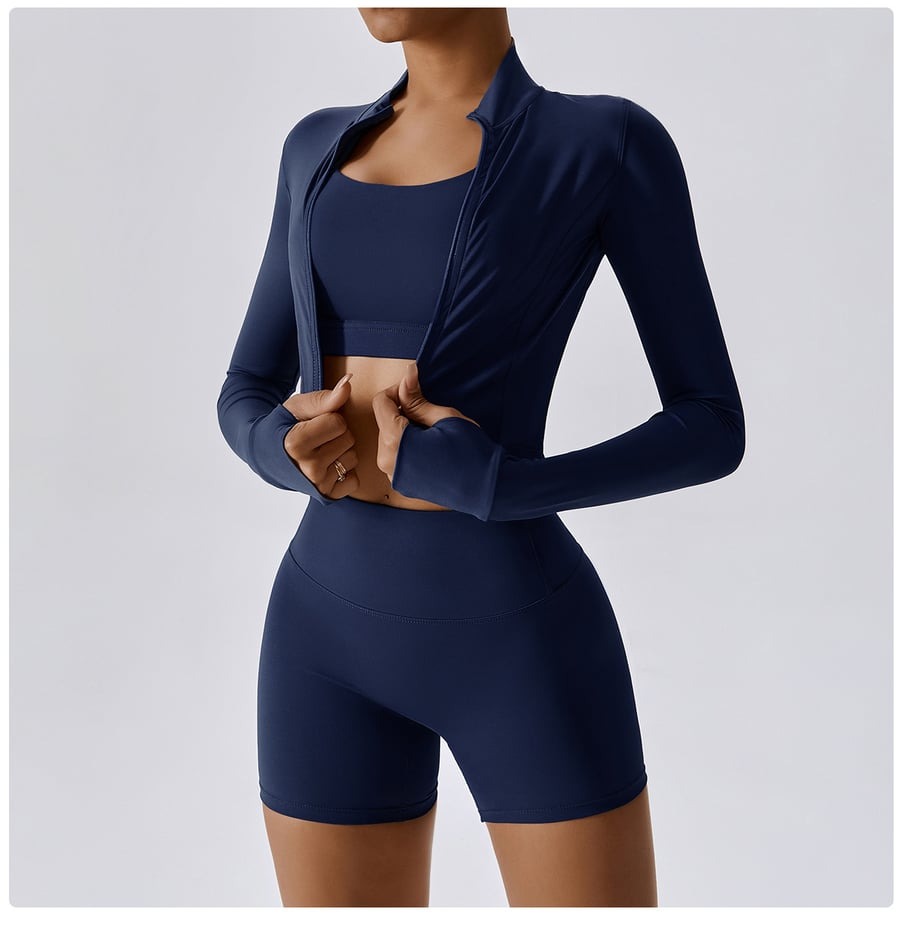 BREEHER Zipper Long Sleeves Shorts Three Piece Set Sports Suits
