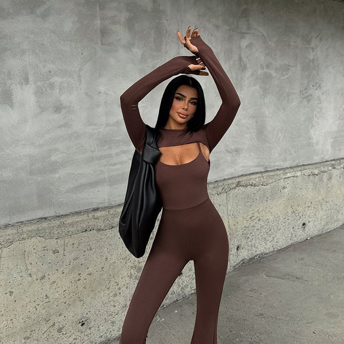 Sexy Hollow Round Neck Long Ssleeve Backless Jumpsuit Suits