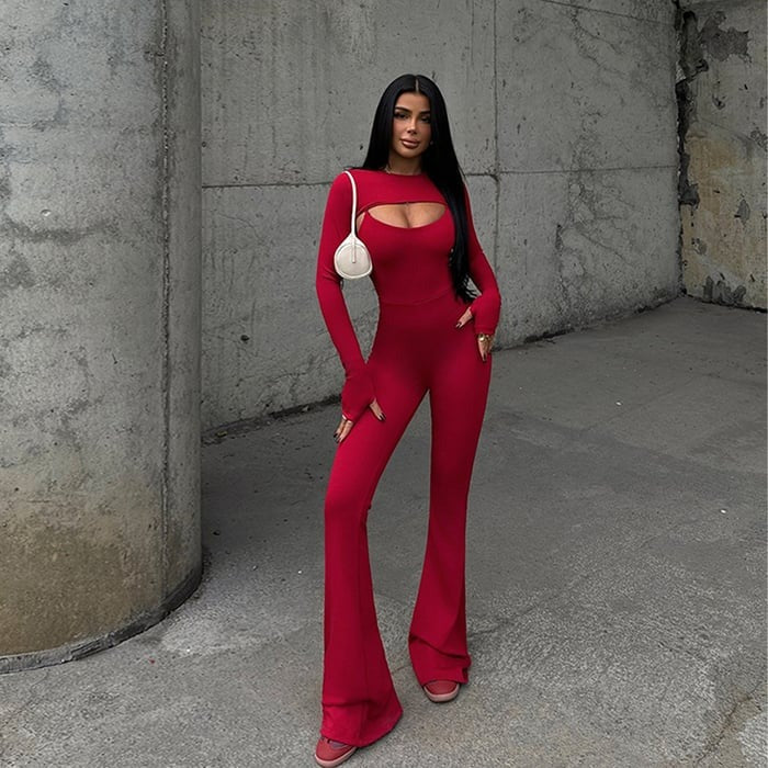 Sexy Hollow Round Neck Long Ssleeve Backless Jumpsuit Suits