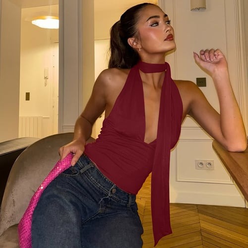 Sexy Neck Tie Low Cut Back Hollow Strap Top