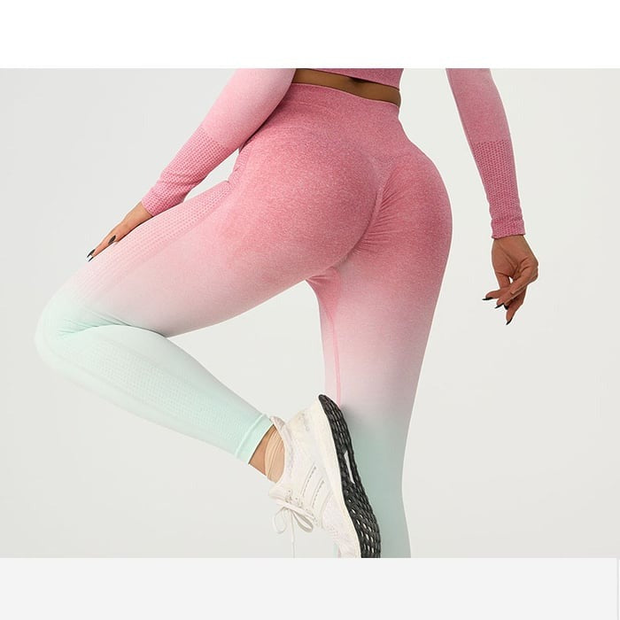 BREEHER Gradient Long Sleeves Hip Lifting Legging Two Piece Set Sports Suits