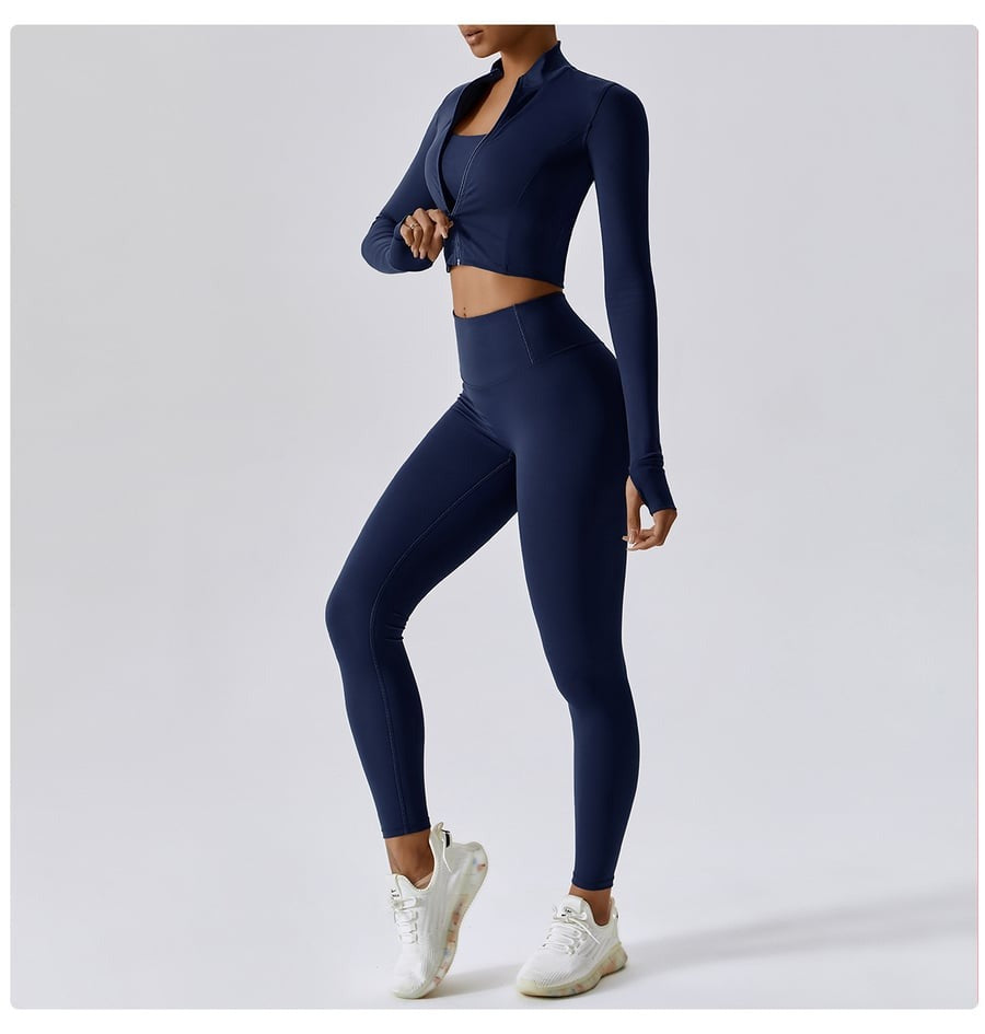 BREEHER Zipper Long Sleeves Leggings Three Piece Set Sports Suits