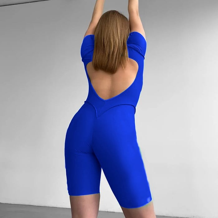 Sexy Solid Color Backless High Waist Short Sleeve Rompers Jumpsuit