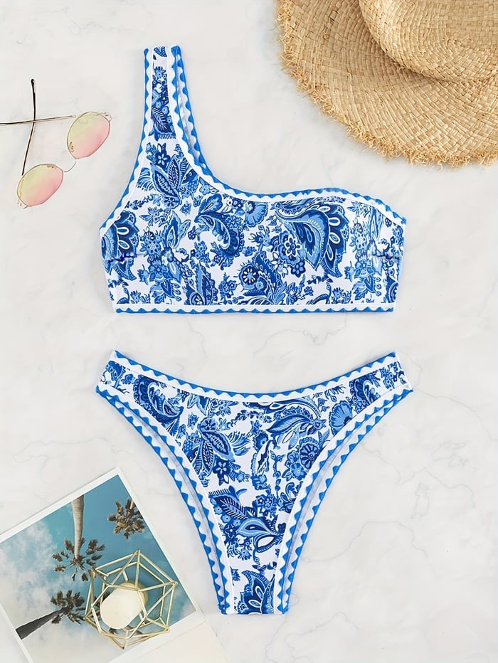 Blue Print One Shoulder Bikini Swimsuit