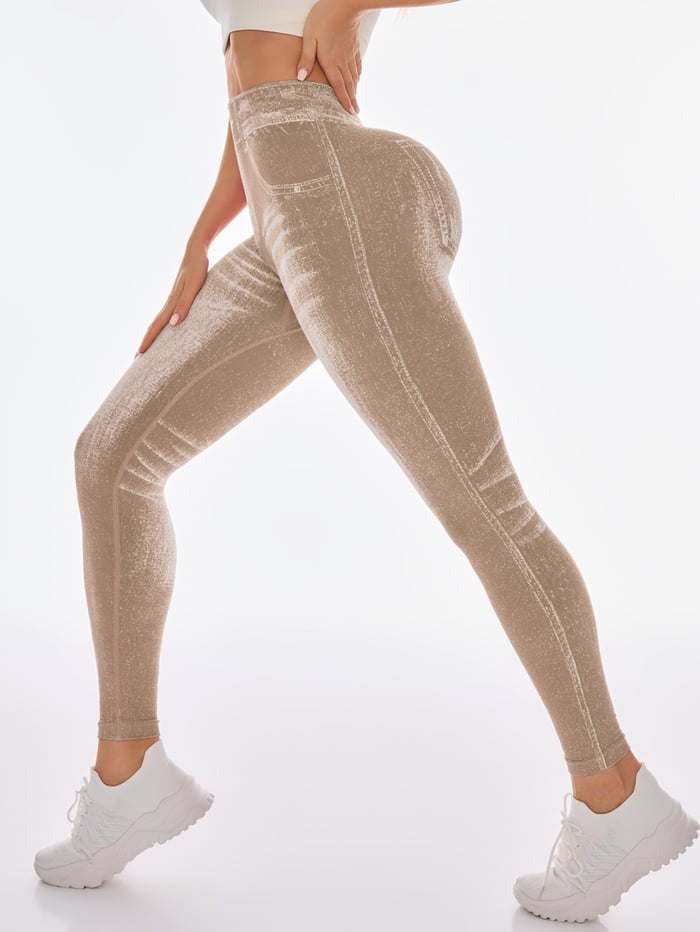 Peach Faux Denim Deep V Back Seamless Yoga Scrunch Bum Leggings