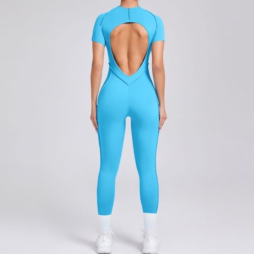 Reverse Line Sexy Backless Solid Color Short Sleeve Tight Jumpsuit