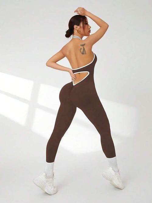 Contrast Color Hollow Out Ribbed Scrunch Bum Jumpsuit